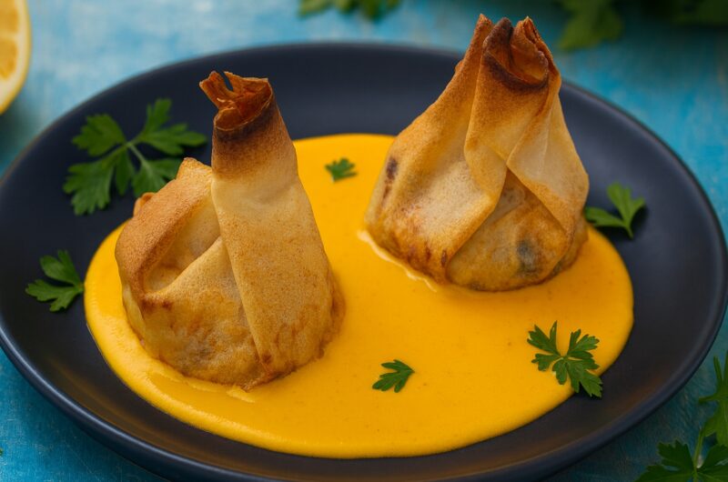 Saquitos de marisco en salsa de azafrán